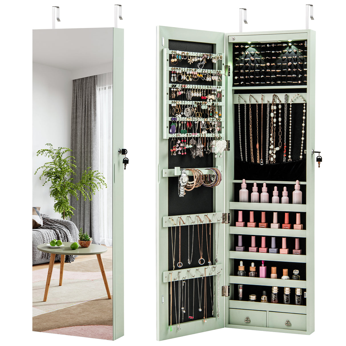 Wall and Door Mounted Mirrored Jewelry Cabinet with Lights