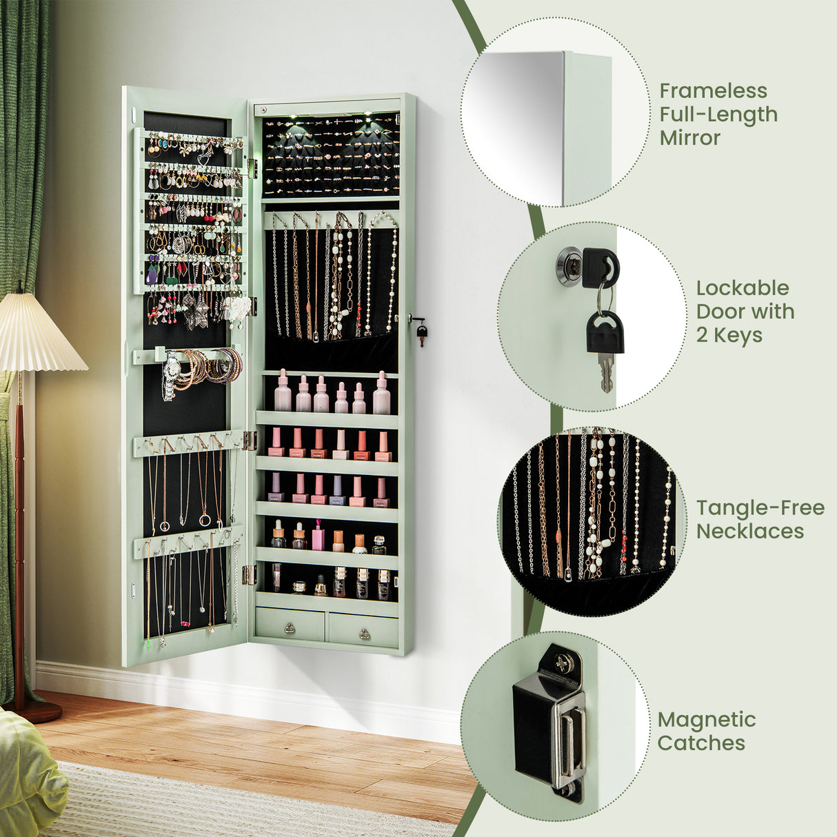Wall and Door Mounted Mirrored Jewelry Cabinet with Lights