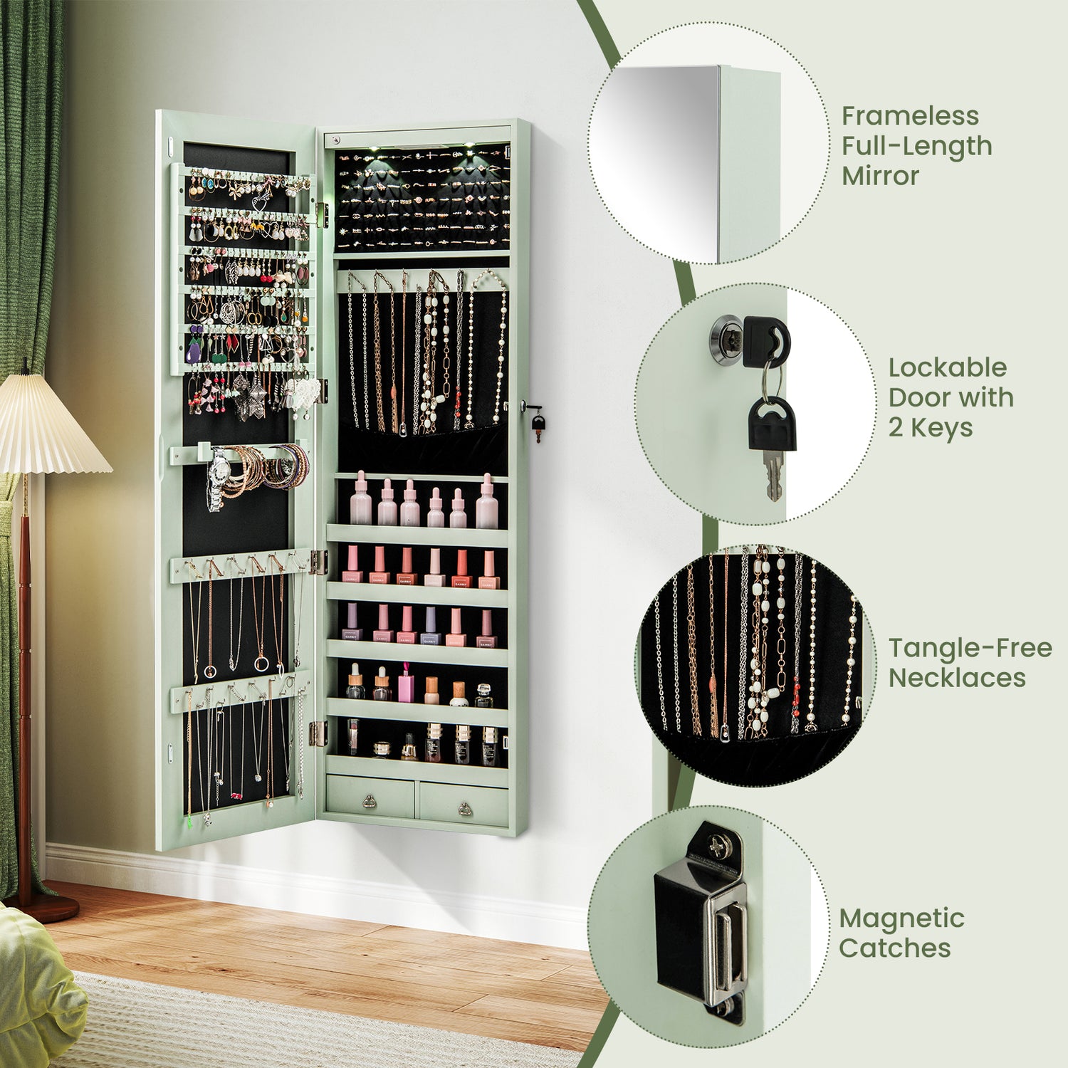 Wall and Door Mounted Mirrored Jewelry Cabinet with Lights