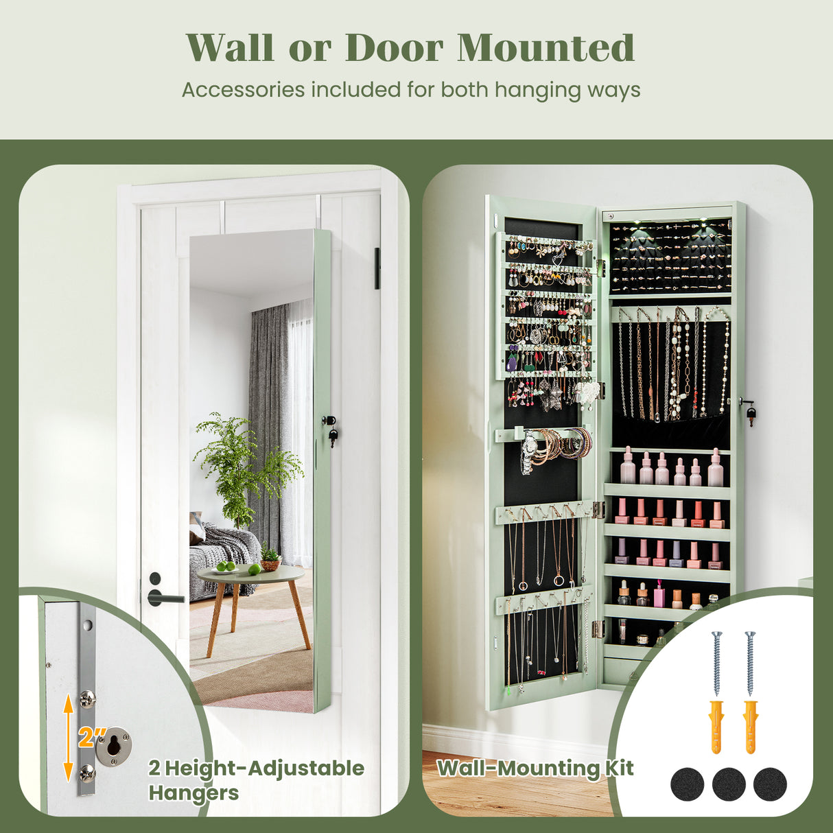 Wall and Door Mounted Mirrored Jewelry Cabinet with Lights