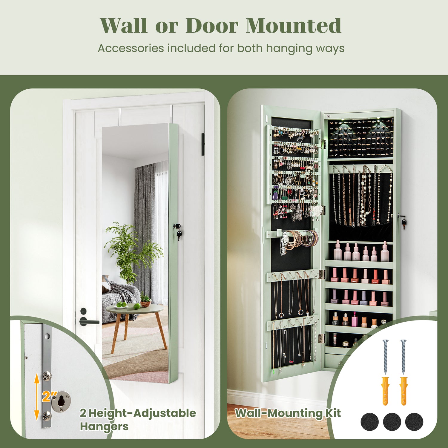 Wall and Door Mounted Mirrored Jewelry Cabinet with Lights