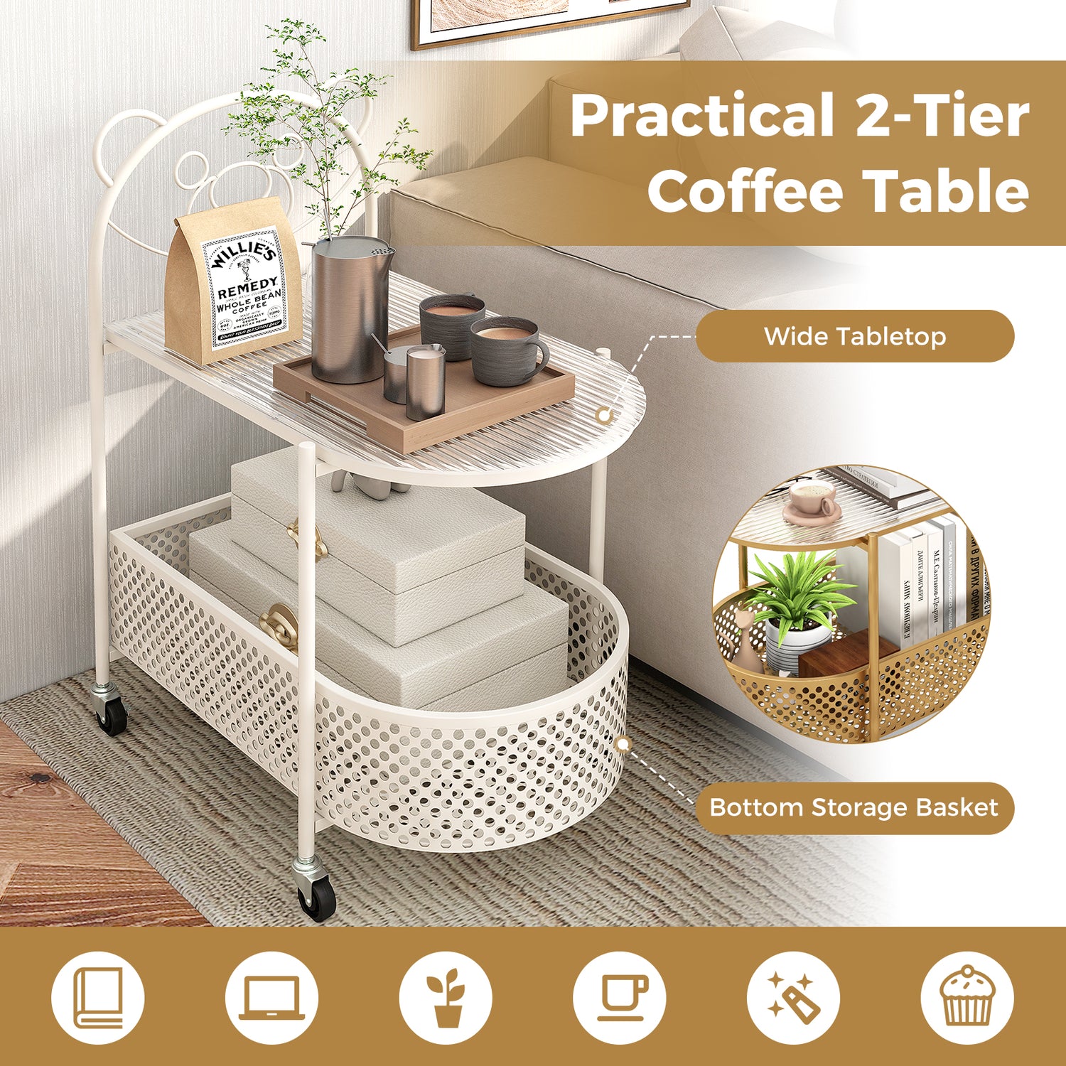 2-Tier Mobile Glass Coffee Table with Bear Pattern