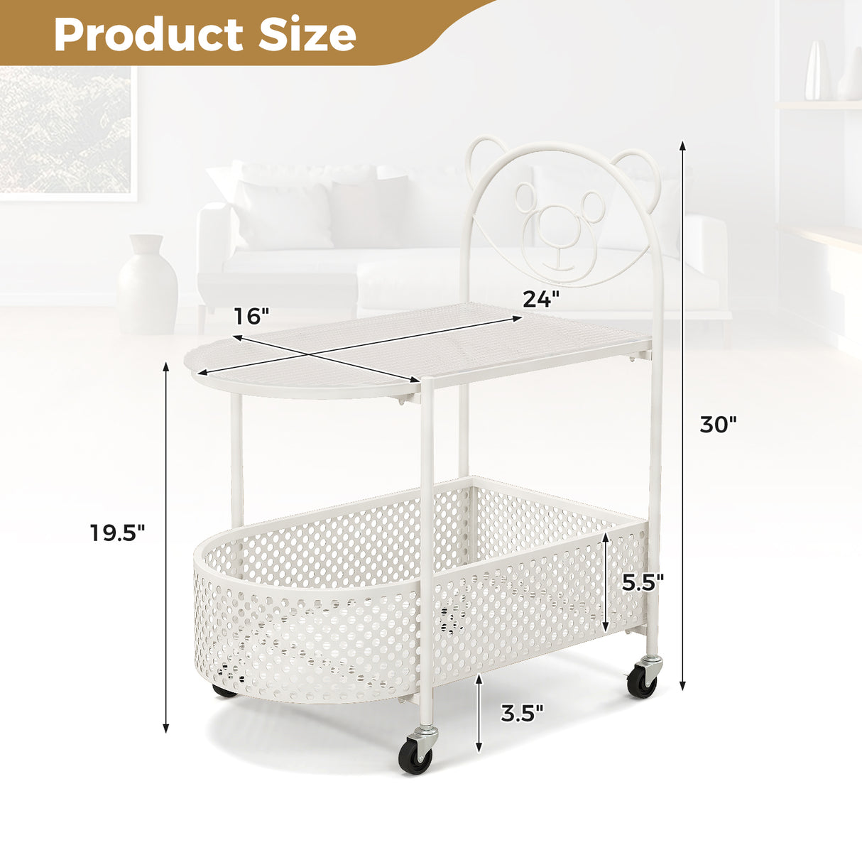 2-Tier Mobile Glass Coffee Table with Bear Pattern