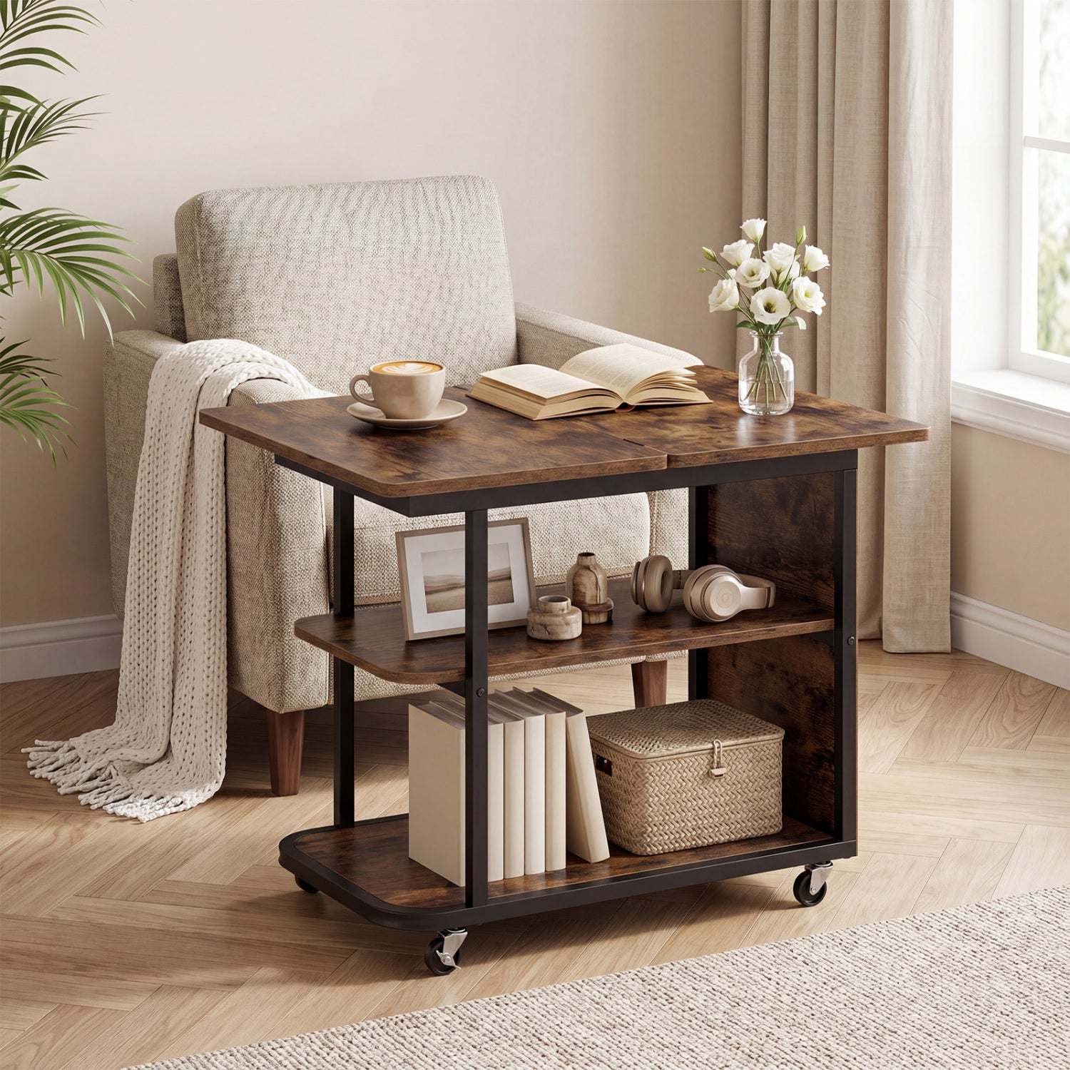 Mobile Night Stand with Foldable Swivel Top and 2-Tier Shelf for Small Spaces