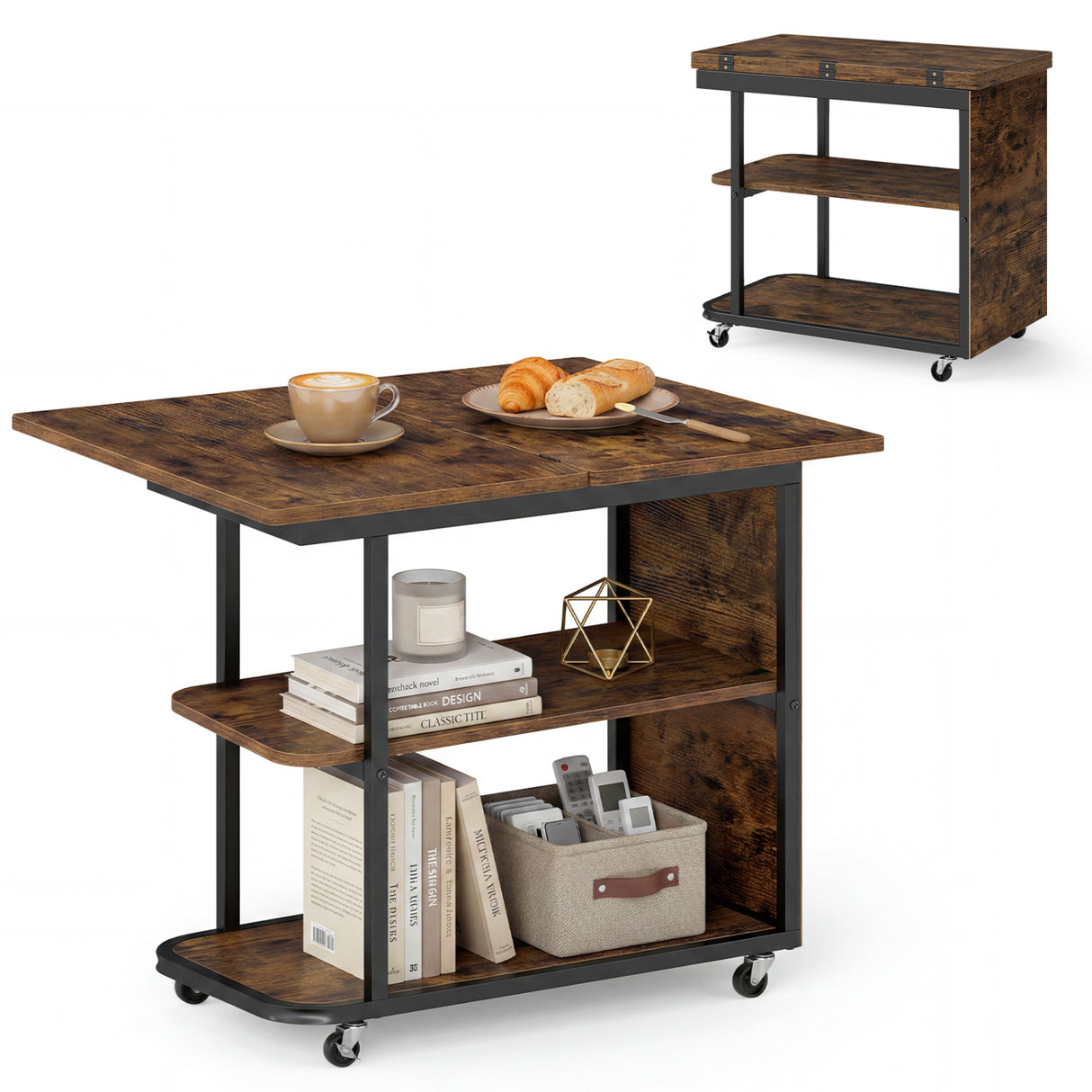 Mobile Night Stand with Foldable Swivel Top and 2-Tier Shelf for Small Spaces