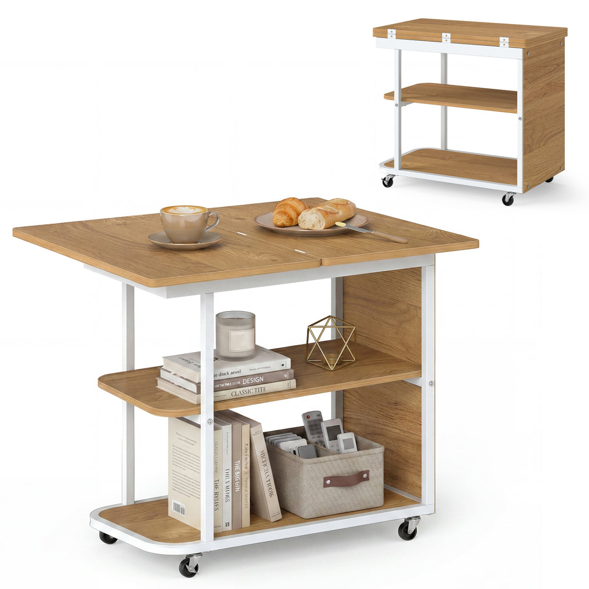 Mobile Night Stand with Foldable Swivel Top and 2-Tier Shelf for Small Spaces