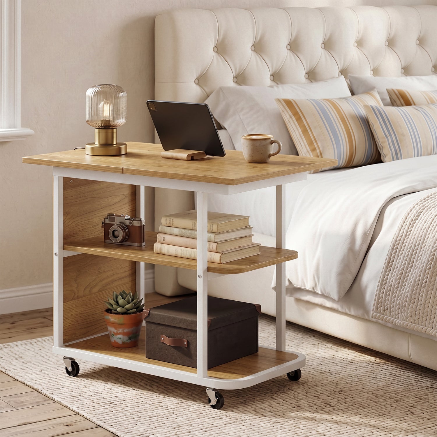 Mobile Night Stand with Foldable Swivel Top and 2-Tier Shelf for Small Spaces