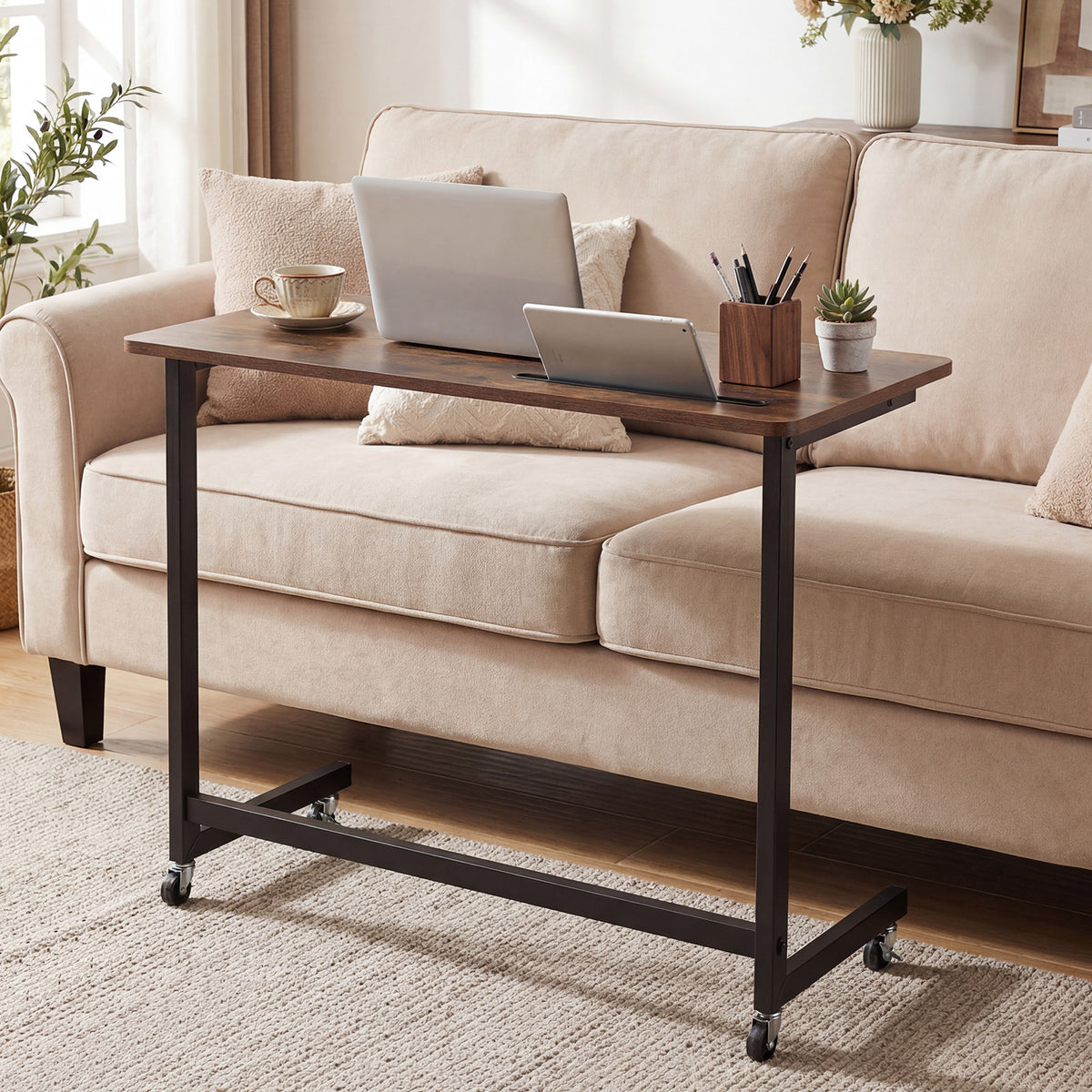 Mobile Side Table Rolling Laptop Desk Cart with Tablet Slot-Rustic Brown