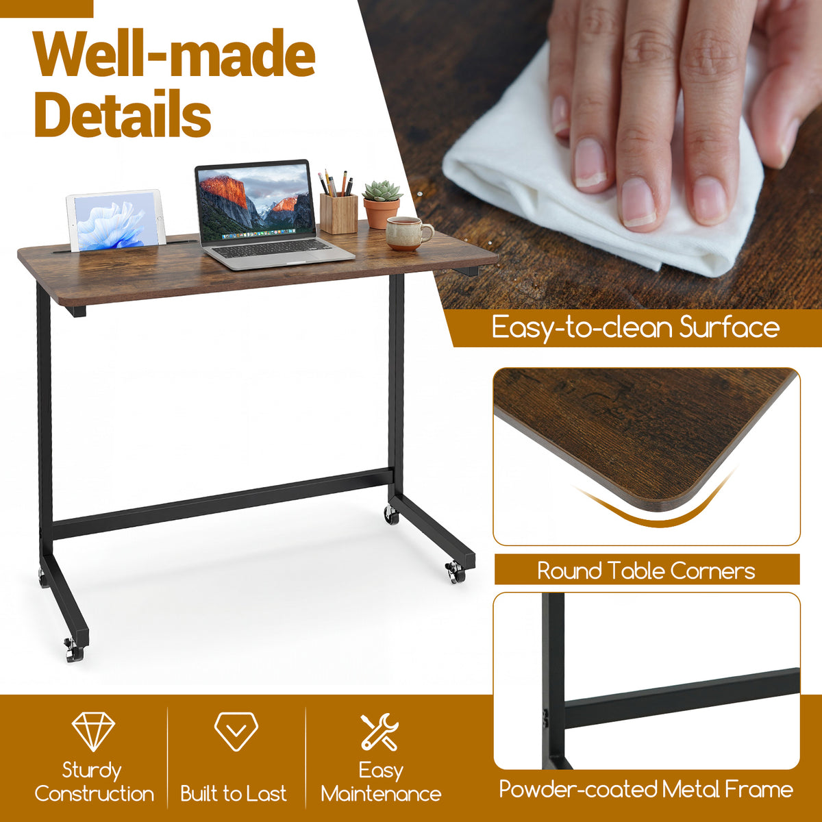 Mobile Side Table Rolling Laptop Desk Cart with Tablet Slot-Rustic Brown