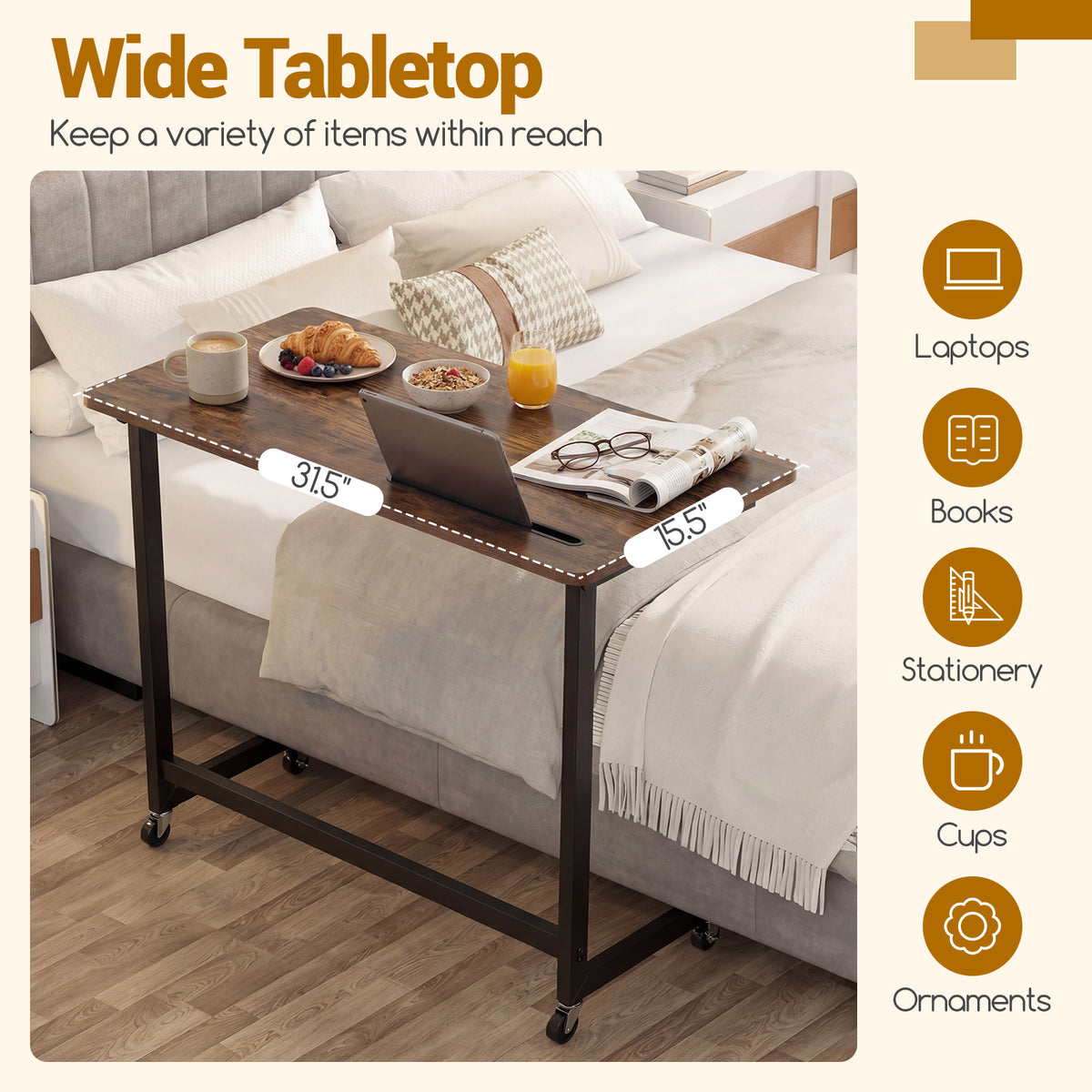 Mobile Side Table Rolling Laptop Desk Cart with Tablet Slot-Rustic Brown