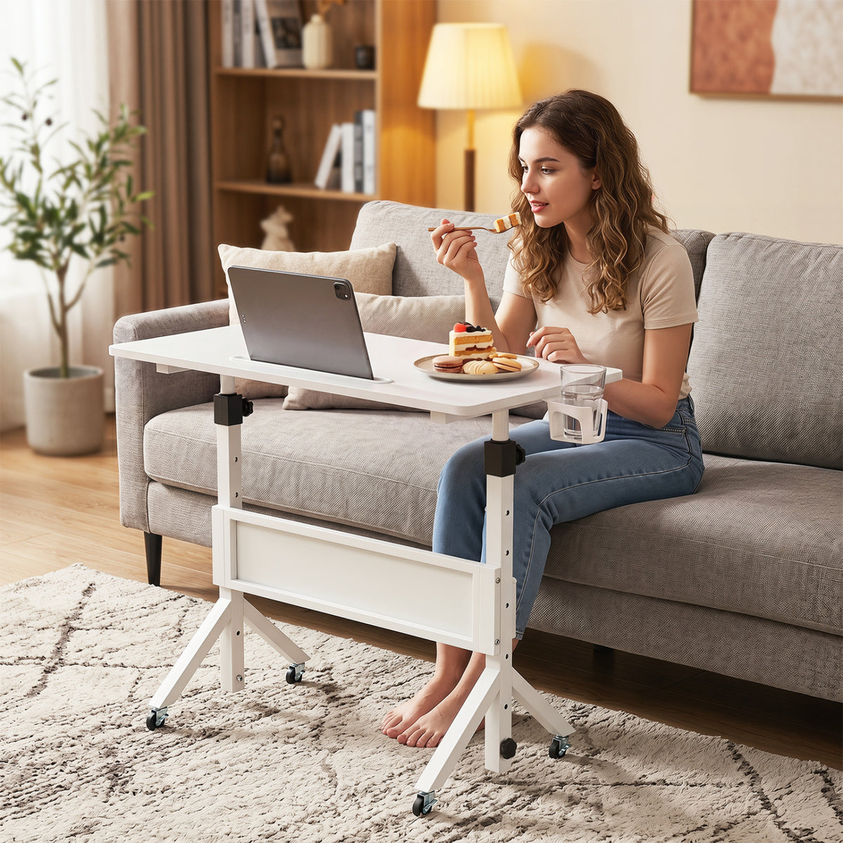 Mobile Standing Desk Height Adjustable Rolling Laptop Desk with Cup Holder Storage Basket