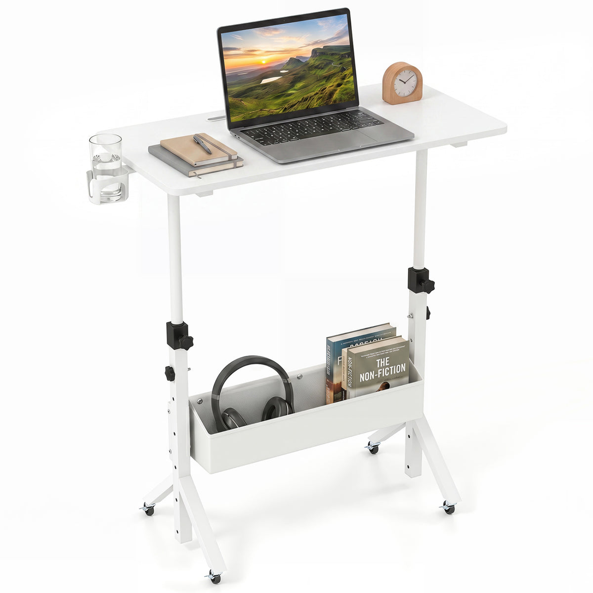 Mobile Standing Desk Height Adjustable Rolling Laptop Desk with Cup Holder Storage Basket