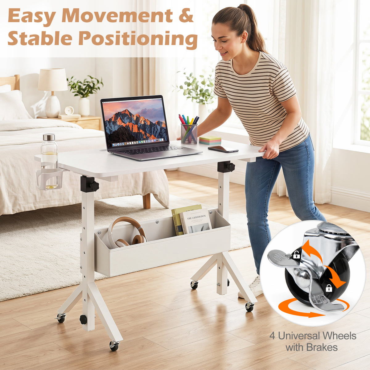 Mobile Standing Desk Height Adjustable Rolling Laptop Desk with Cup Holder Storage Basket