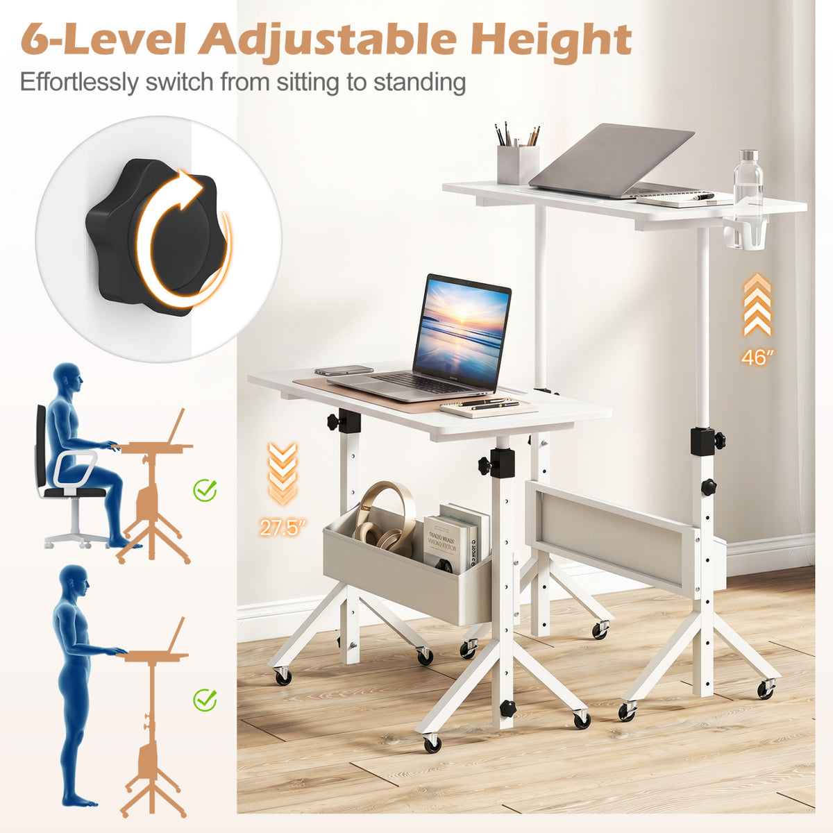 Mobile Standing Desk Height Adjustable Rolling Laptop Desk with Cup Holder Storage Basket