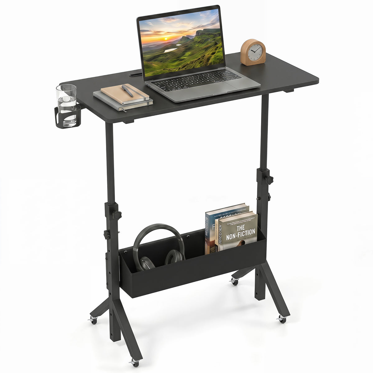 Mobile Standing Desk Height Adjustable Rolling Laptop Desk with Cup Holder Storage Basket