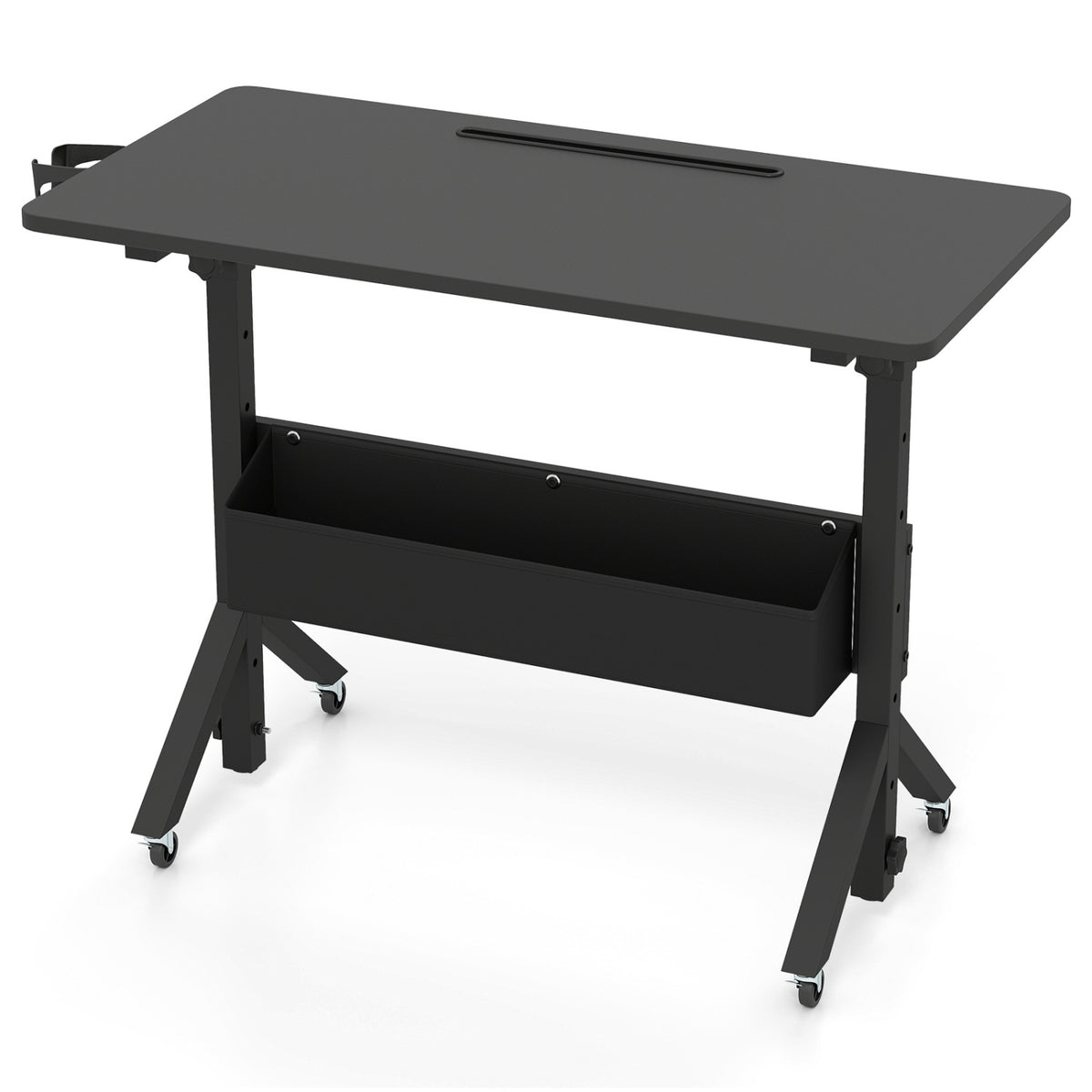 Mobile Standing Desk Height Adjustable Rolling Laptop Desk with Cup Holder Storage Basket