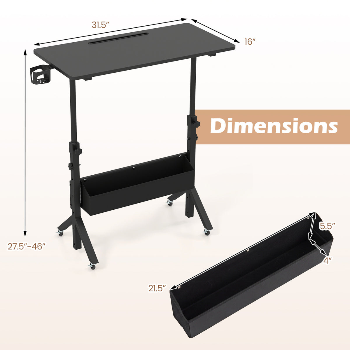 Mobile Standing Desk Height Adjustable Rolling Laptop Desk with Cup Holder Storage Basket
