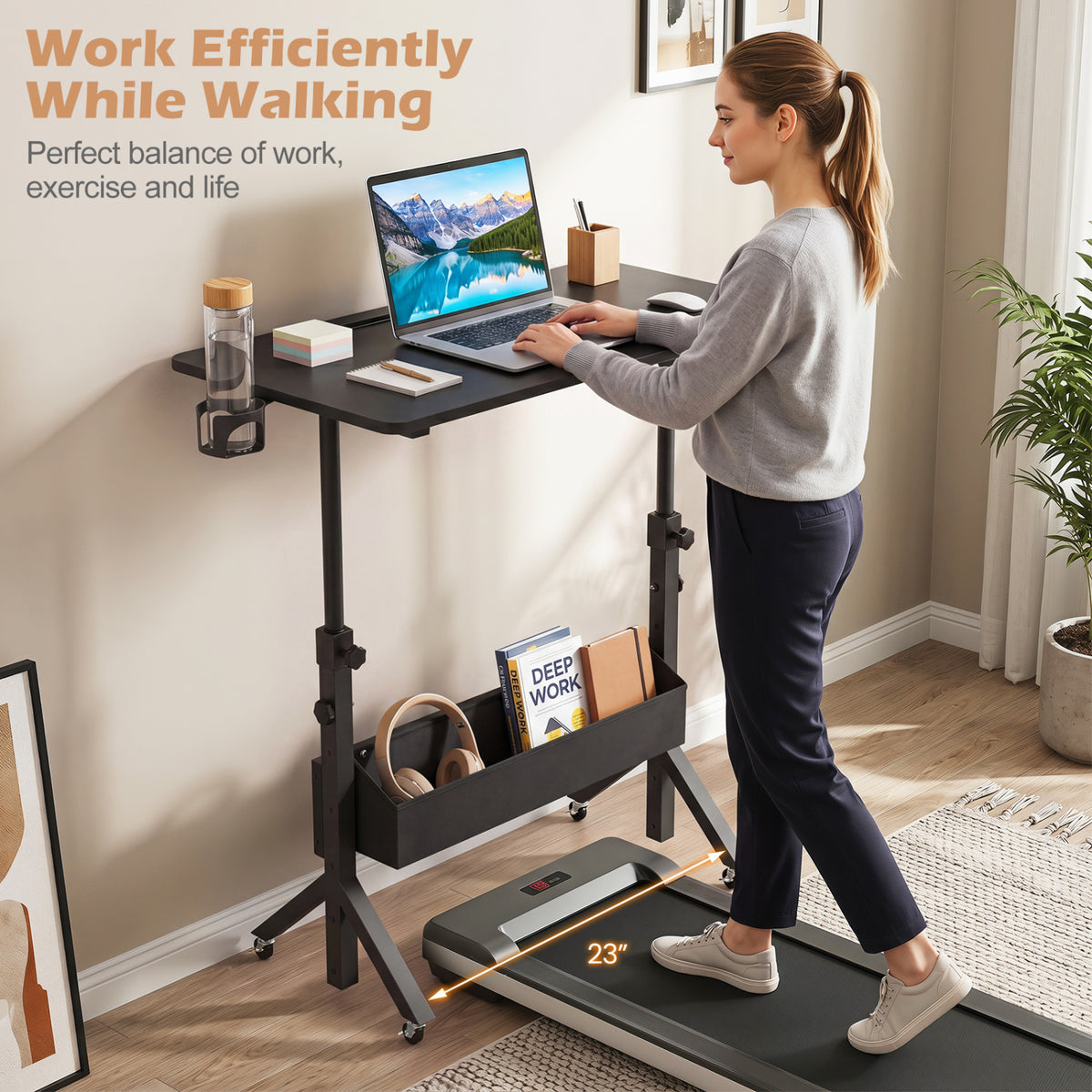 Mobile Standing Desk Height Adjustable Rolling Laptop Desk with Cup Holder Storage Basket