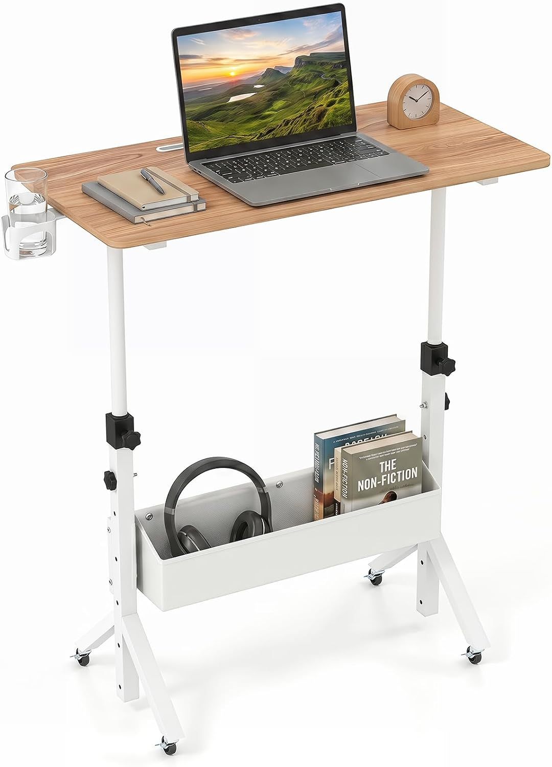 Mobile Standing Desk Height Adjustable Rolling Laptop Desk with Cup Holder Storage Basket