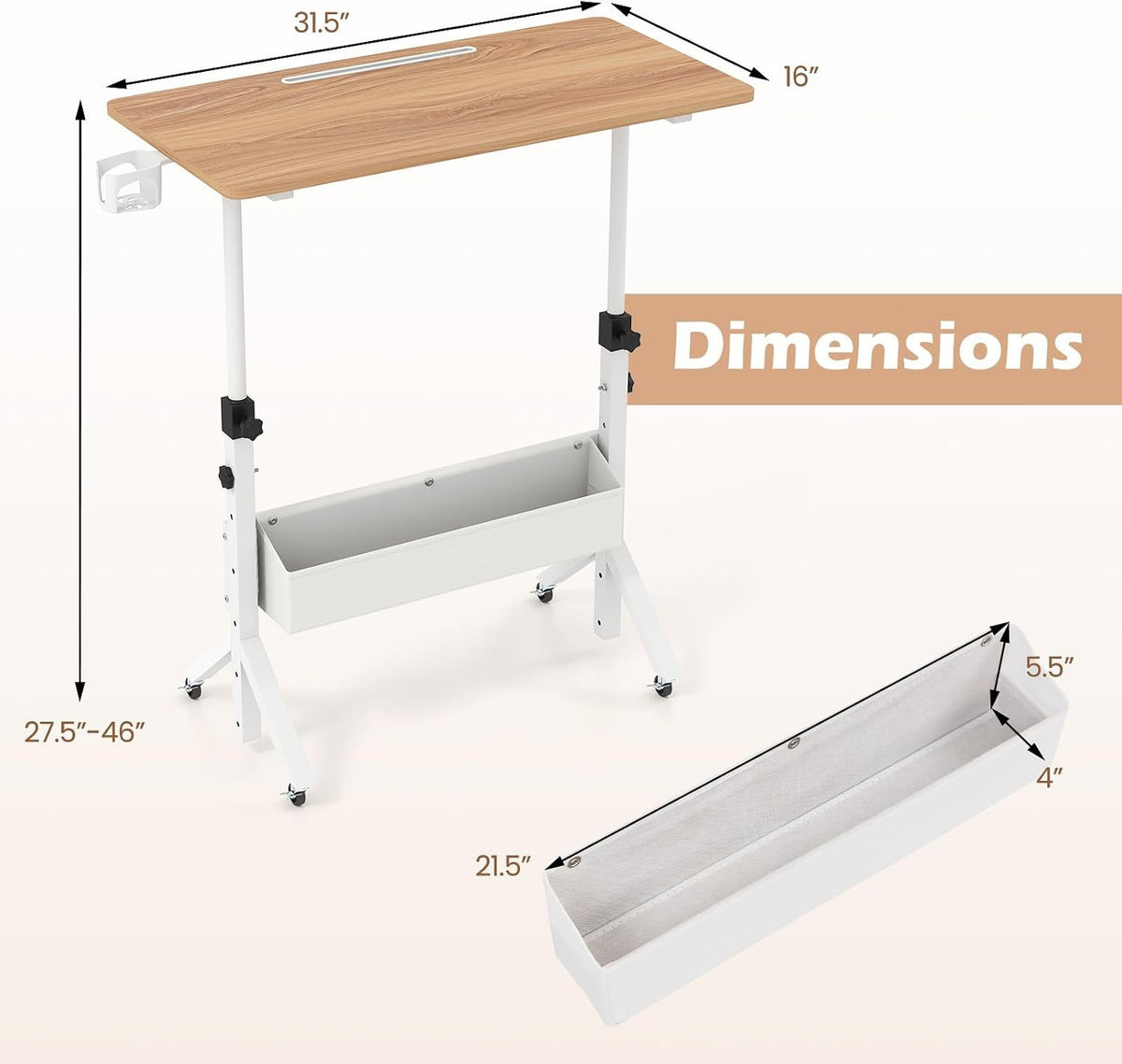 Mobile Standing Desk Height Adjustable Rolling Laptop Desk with Cup Holder Storage Basket