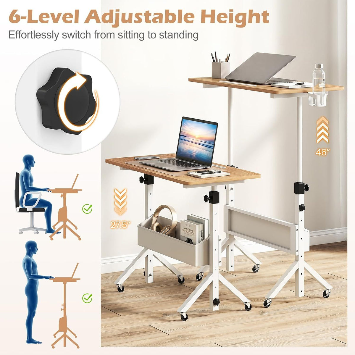 Mobile Standing Desk Height Adjustable Rolling Laptop Desk with Cup Holder Storage Basket