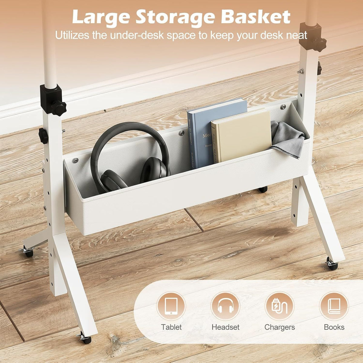 Mobile Standing Desk Height Adjustable Rolling Laptop Desk with Cup Holder Storage Basket