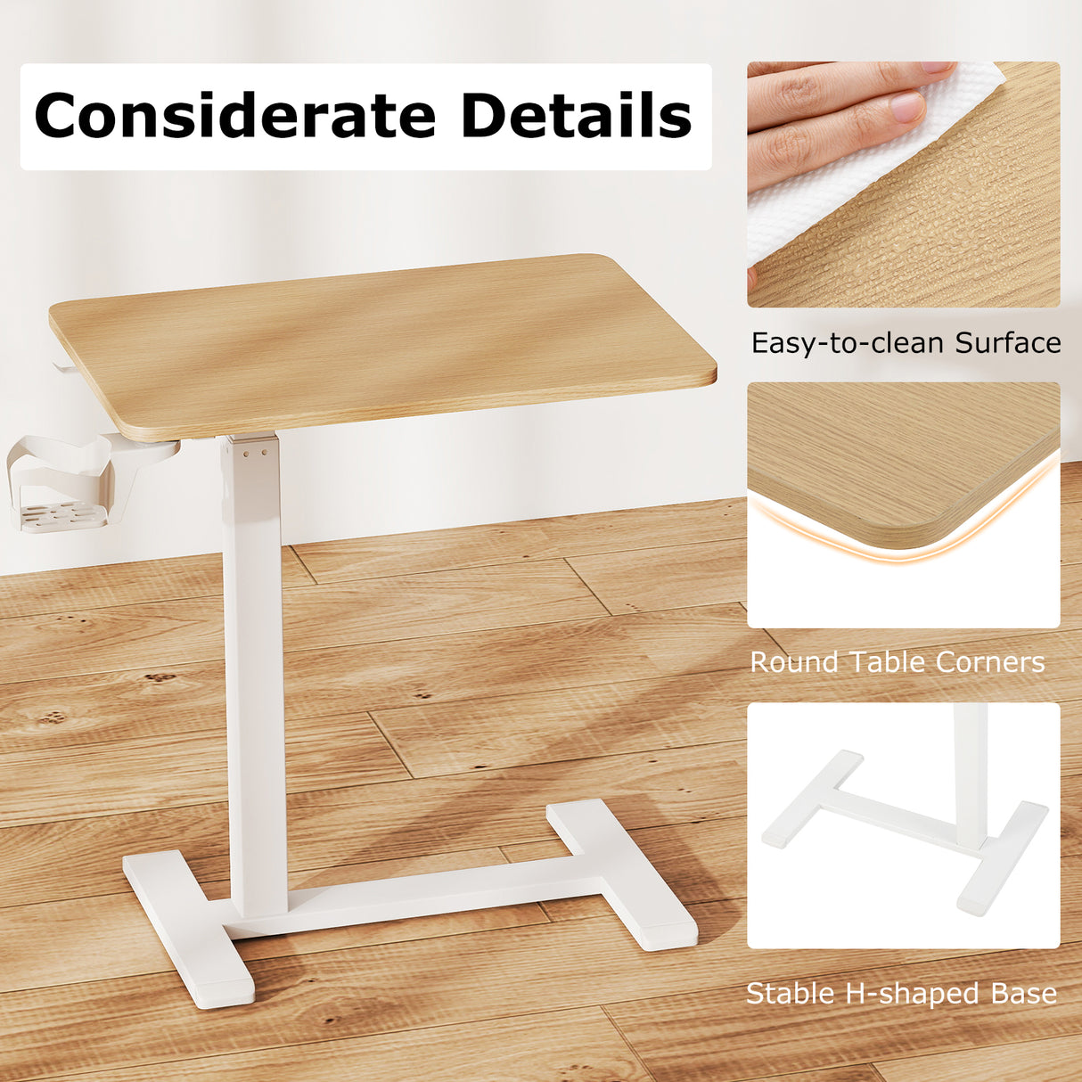 Mobile Standing Desk Height Adjustable Overbed Bedside Table with Cup Holder