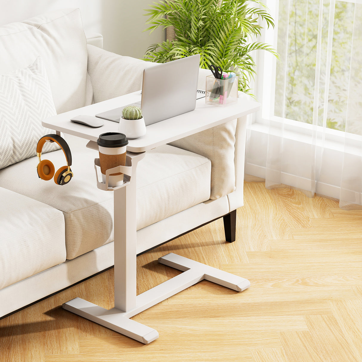Mobile Standing Desk Height Adjustable Overbed Bedside Table with Cup Holder