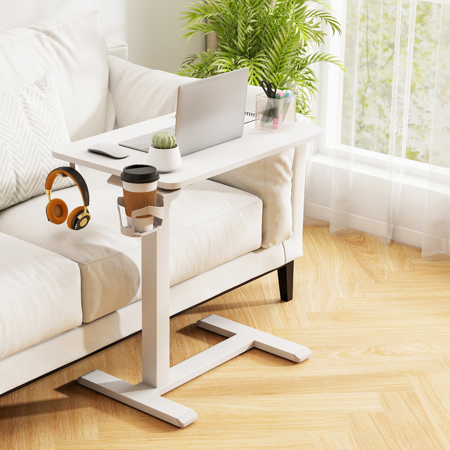 Mobile Standing Desk Height Adjustable Overbed Bedside Table with Cup Holder