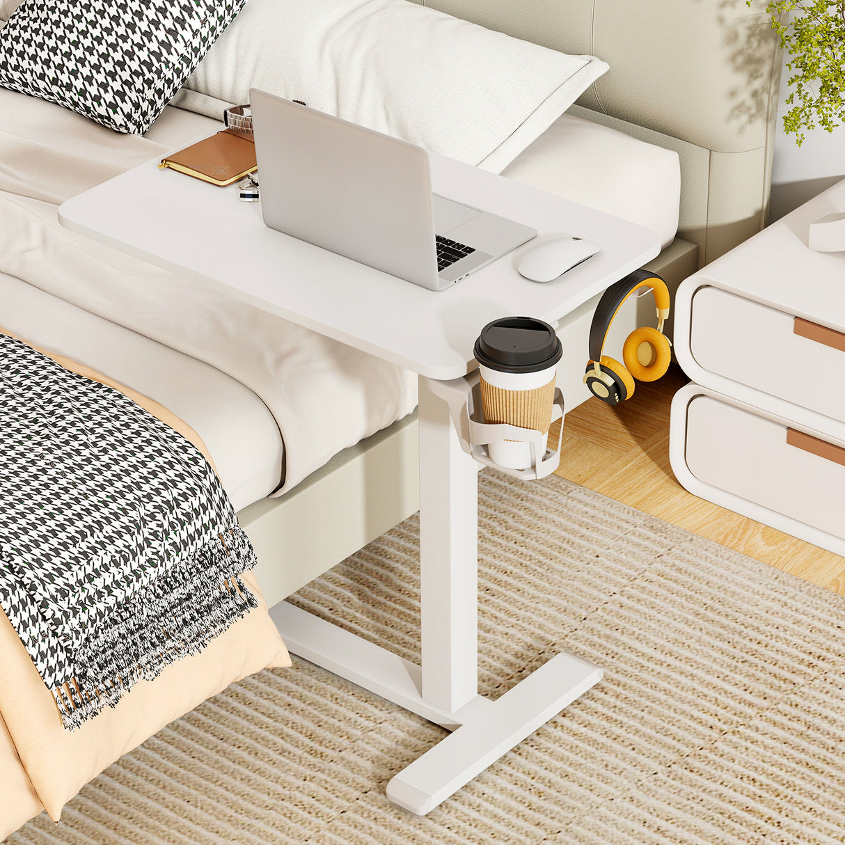 Mobile Standing Desk Height Adjustable Overbed Bedside Table with Cup Holder