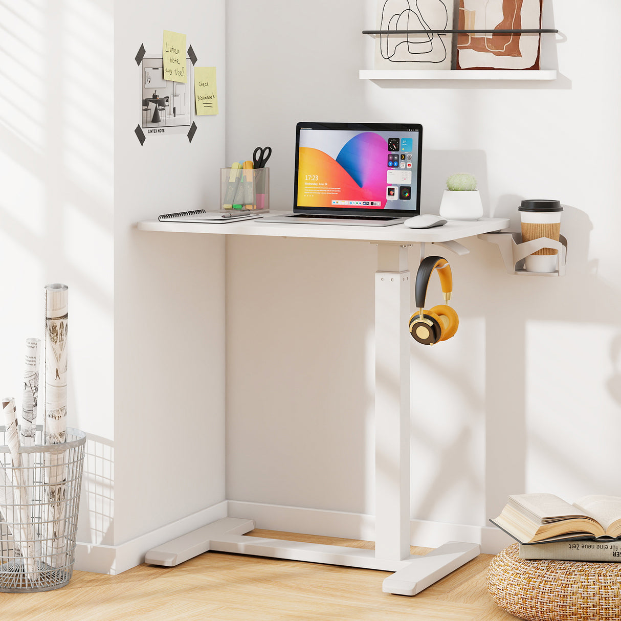 Mobile Standing Desk Height Adjustable Overbed Bedside Table with Cup Holder