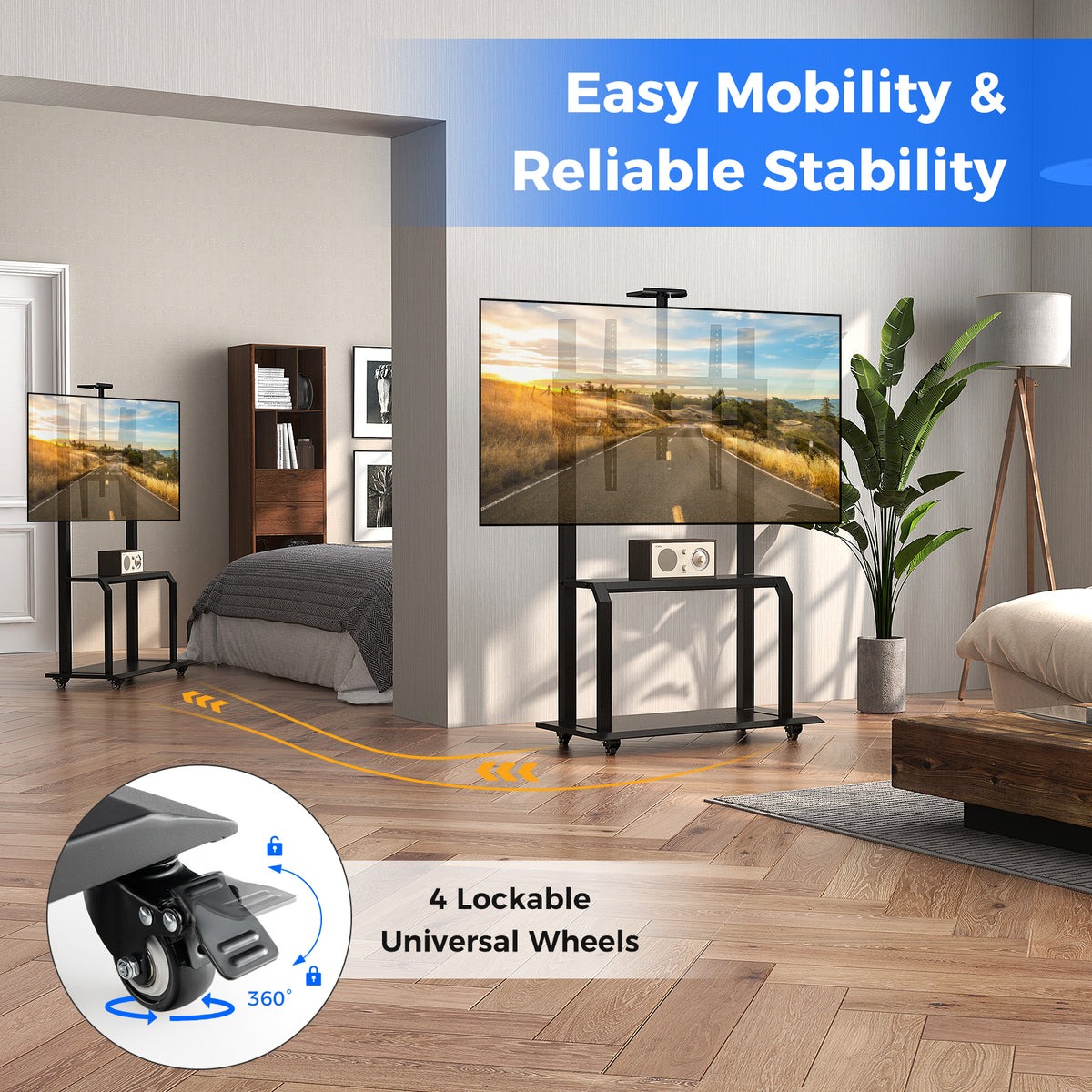 Mobile TV Stand with Camera Shelf and AV Shelves for 32-80 Inch Flat/Curved TVs