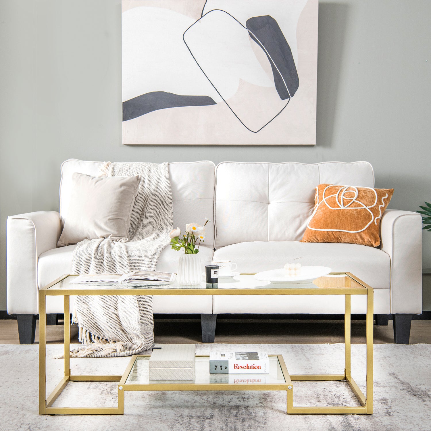 Modern 2-Tier Rectangular Coffee Table with Glass Table Top-Golden