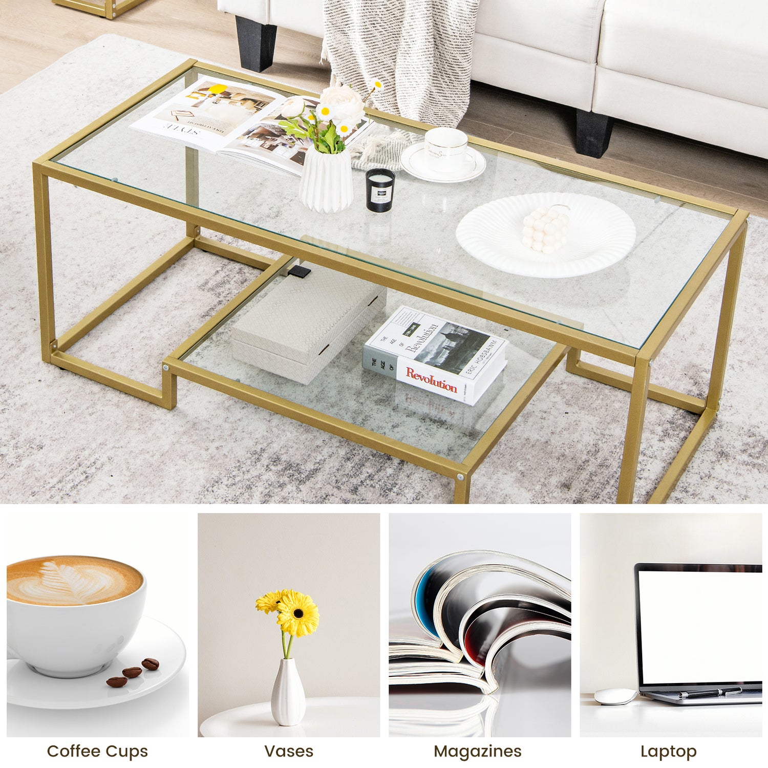 Modern 2-Tier Rectangular Coffee Table with Glass Table Top-Golden