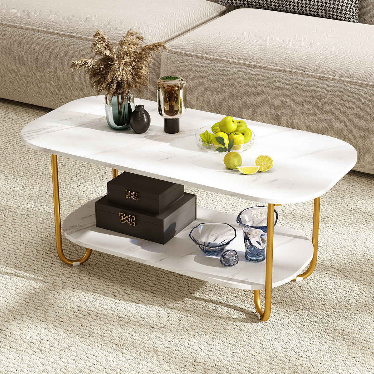 Modern 2-tier Faux Marble Top Coffee Table-White
