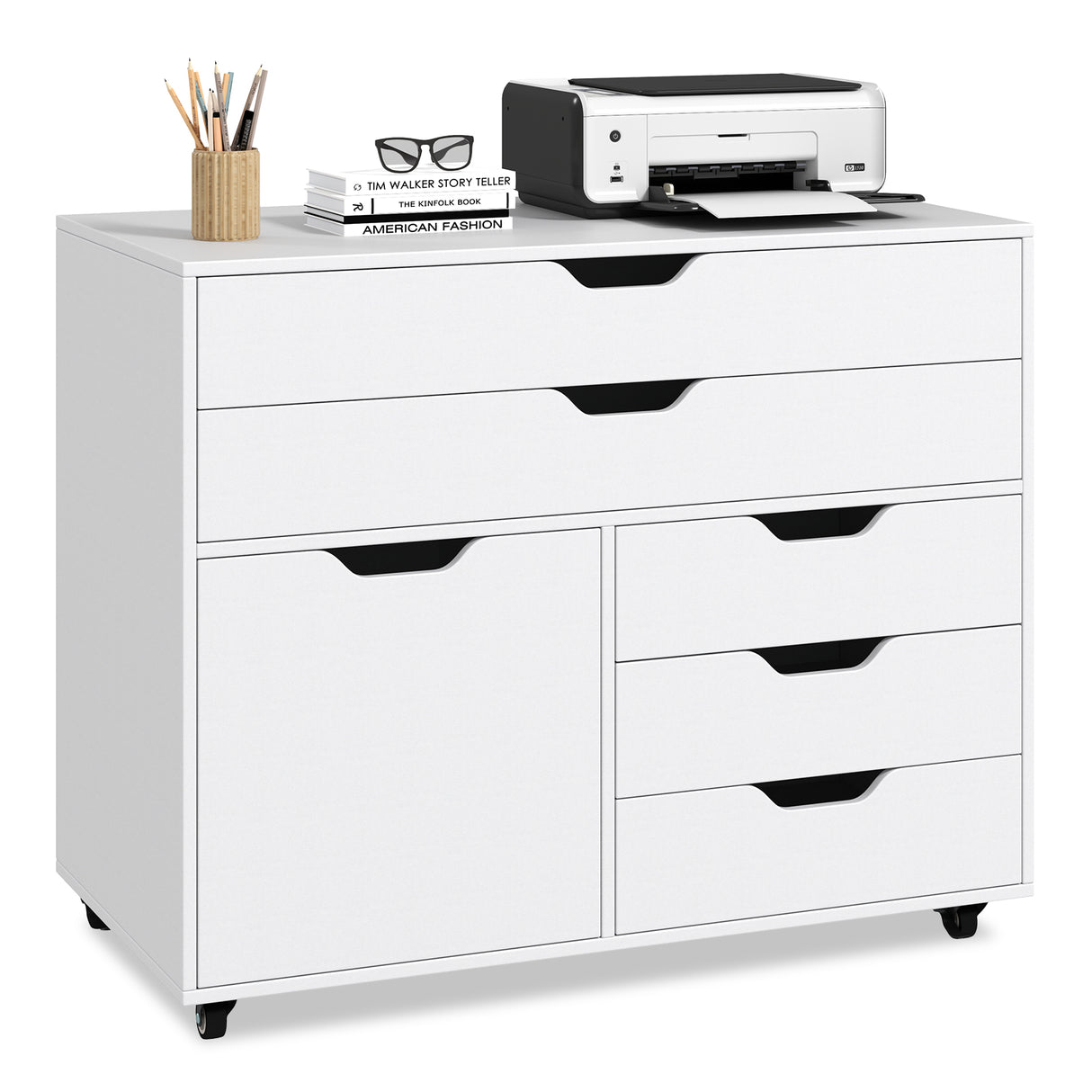 Modern Vertical 5-Drawer Mobile Chest with Door 5 Casters
