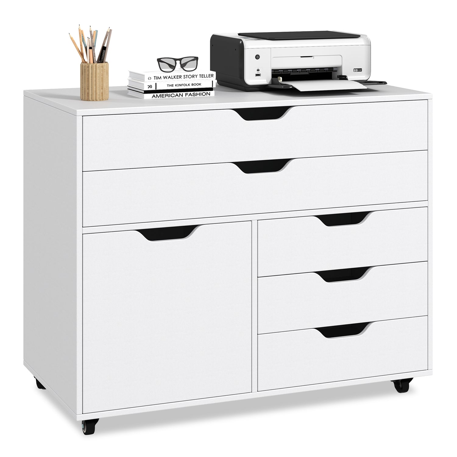 Modern Vertical 5-Drawer Mobile Chest with Door 5 Casters