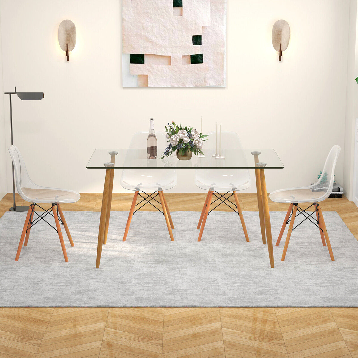 5 Pieces Rectangle Dining Table Set with 51 Inch Glass Tabletop