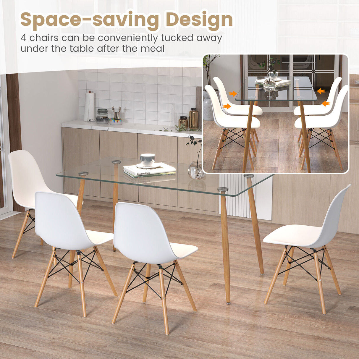 5 Pieces Rectangle Dining Table Set with 51 Inch Glass Tabletop