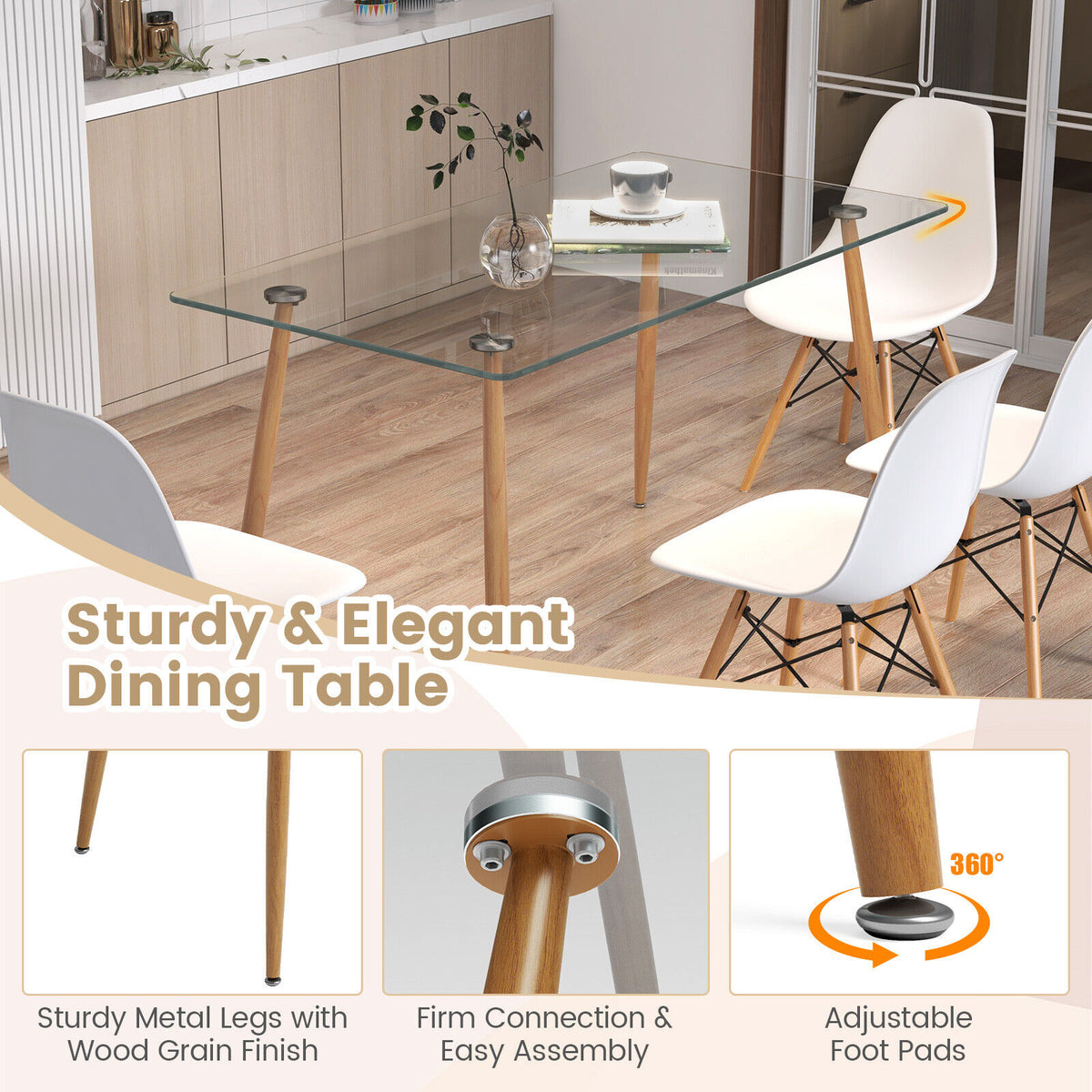5 Pieces Rectangle Dining Table Set with 51 Inch Glass Tabletop