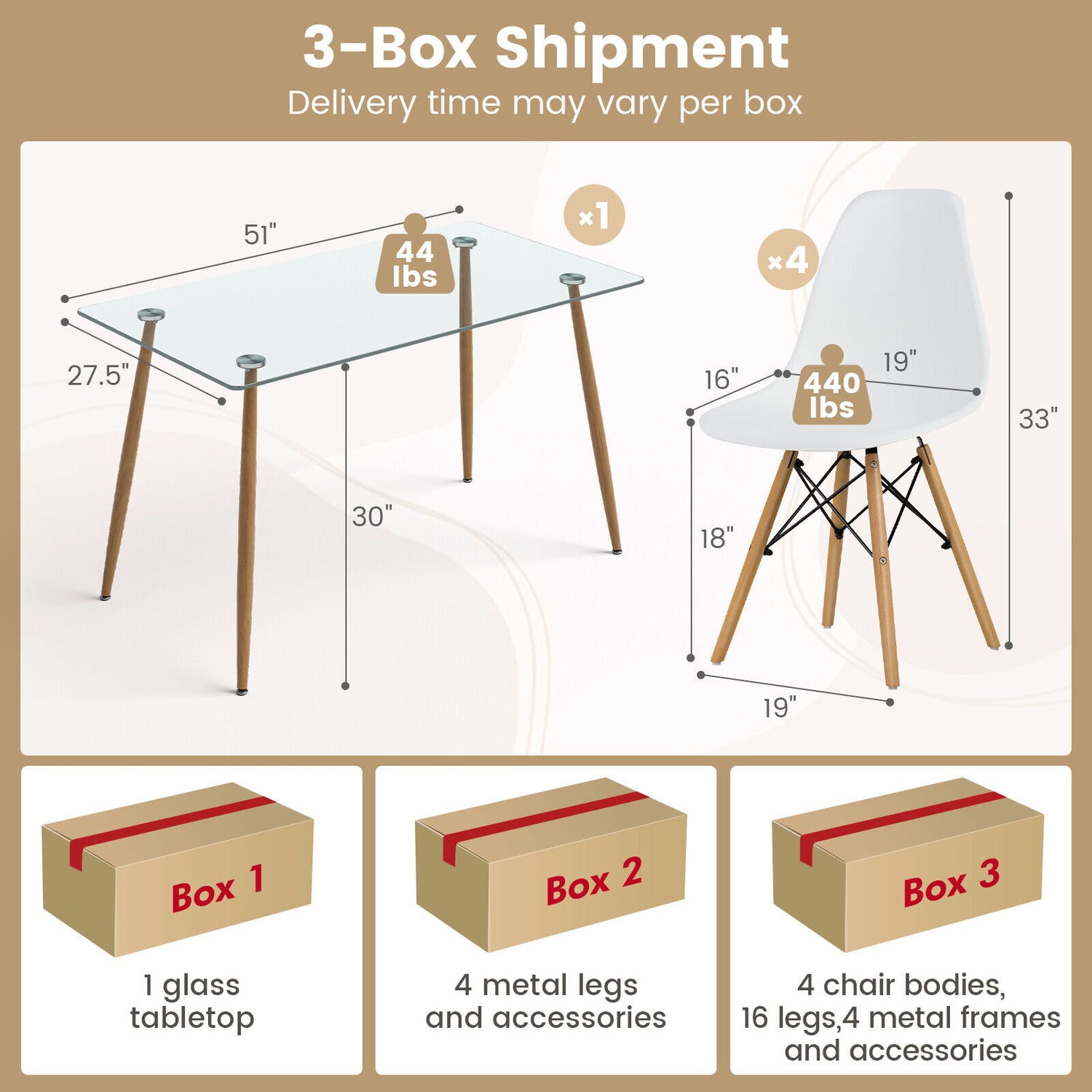 5 Pieces Rectangle Dining Table Set with 51 Inch Glass Tabletop