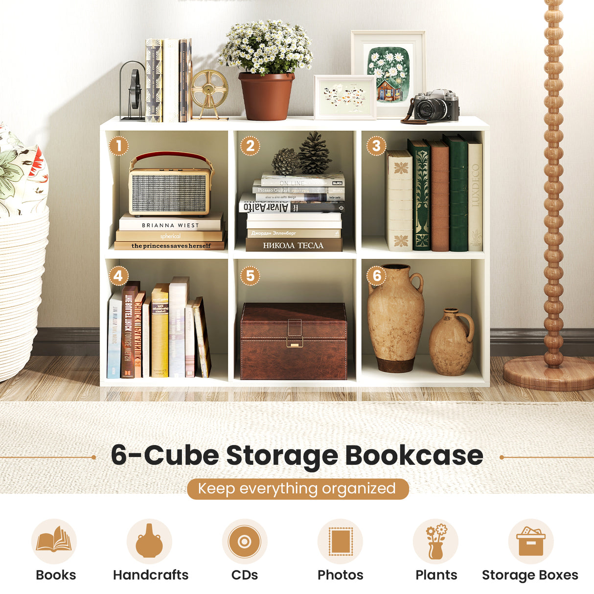 Modern 6-Cube Bookcase with Anti-tipping Kits for Bedroom Living Room-White