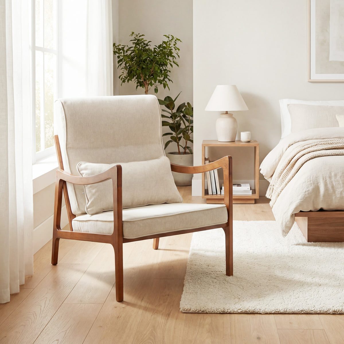 Modern Accent Chair with Solid Rubber Wood Faux Leather Upholstered Armchair