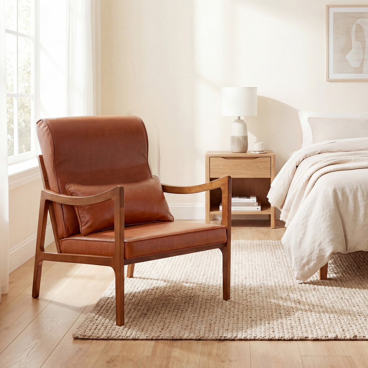 Modern Accent Chair with Solid Rubber Wood Faux Leather Upholstered Armchair