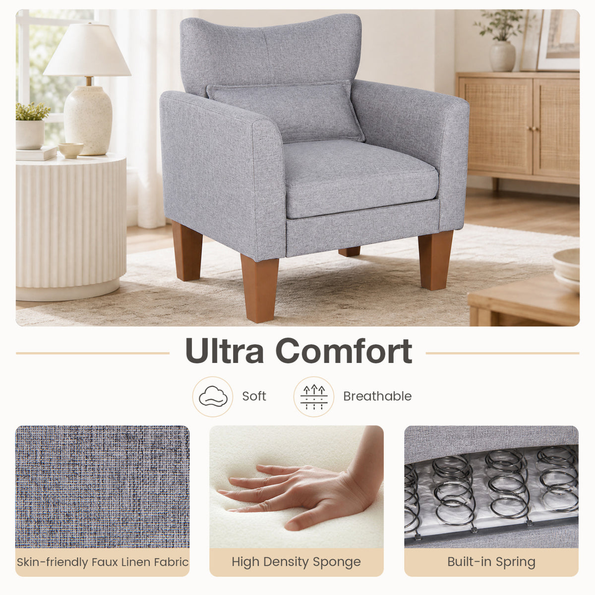 Modern Accent Chair with Removable Cushion & Pillow for Living Room
