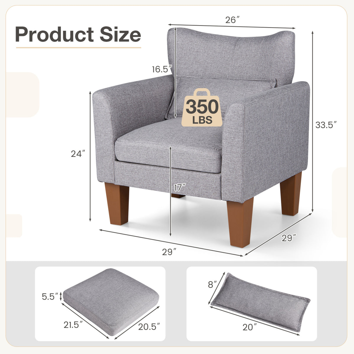 Modern Accent Chair with Removable Cushion & Pillow for Living Room