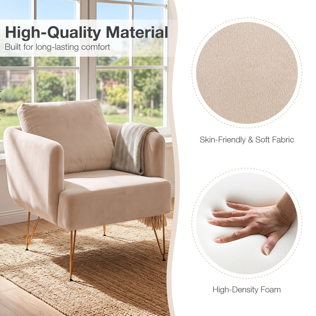 Modern Accent Chair w/Back Cushion & Golden Metal Legs for Living Room Bedroom