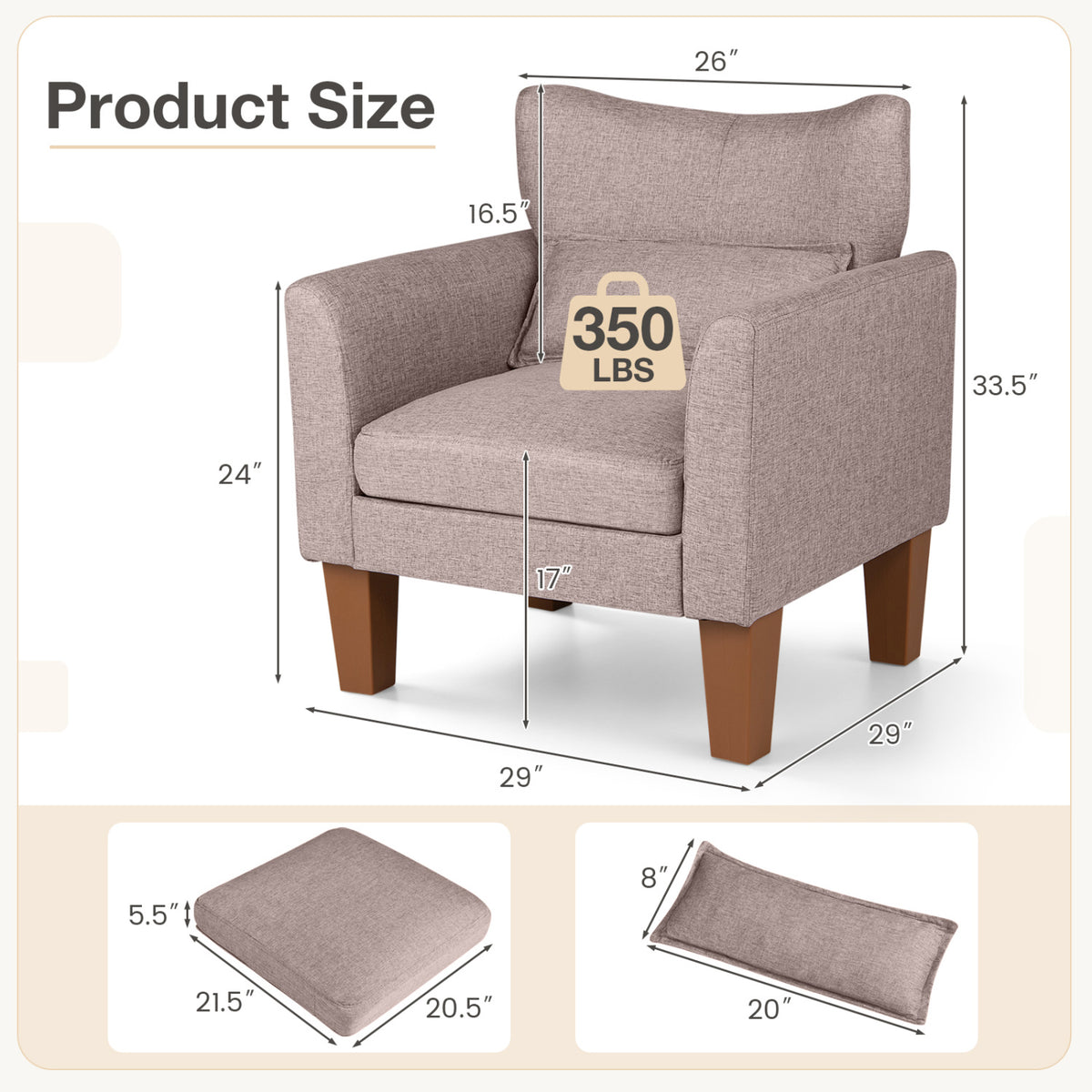 Modern Accent Chair with Removable Cushion & Pillow for Living Room