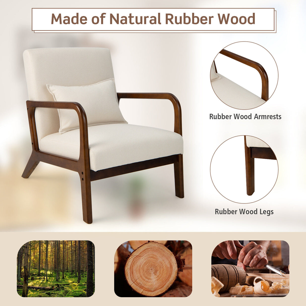 Modern Accent Chair with Rubber Wood Frame and Lumbar Pillow