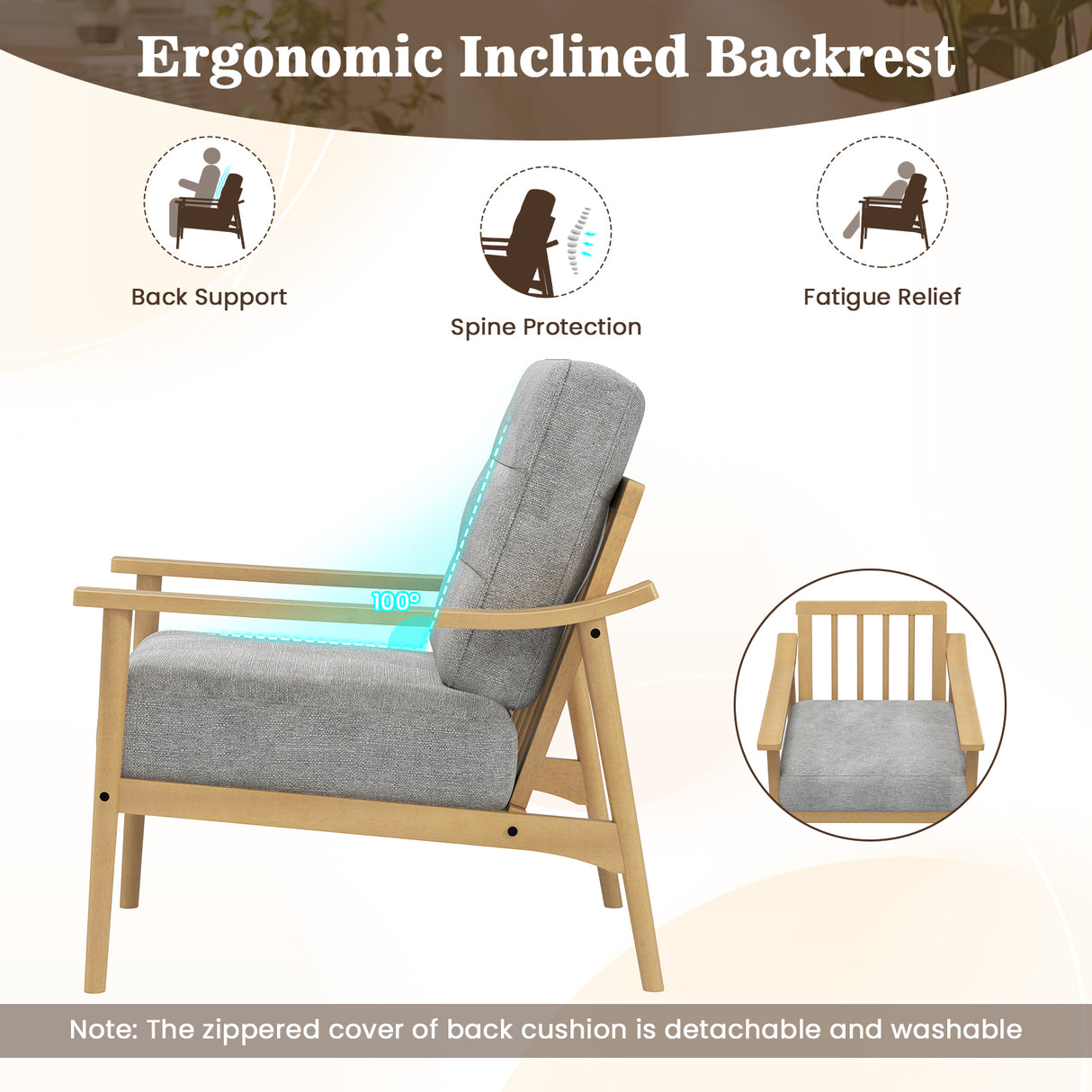 Modern Accent Chair with Rubber Wood Armrests and Legs for Living Room